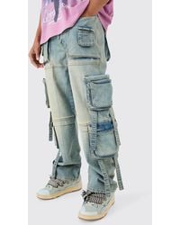 Boohoo - Baggy Rigid Mulit Pocket Cargo Strap Denim Jean In Light Blue - Lyst