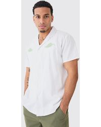 BoohooMAN - Oversized Linen Look Leaf Embroidered Shirt - Lyst