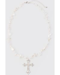 BoohooMAN - Iced Cross Pearl Necklace In Silver - Lyst