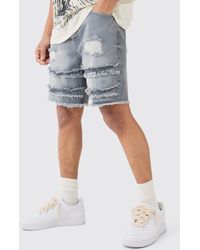 Boohoo - Relaxed Rigid Distresssed Denim Shorts In Grey - Lyst