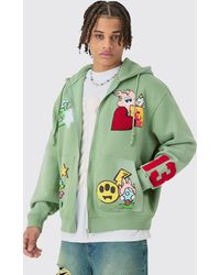 BoohooMAN - Oversized Zip Through Embroidered Spray Hoodie - Lyst