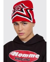 BoohooMAN - Star Graphic Beanie In Red - Lyst