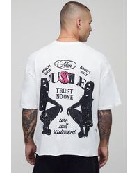 BoohooMAN - Oversized Boxy Raw Hem Extended Neck Hustle Graphic T-Shirt - Lyst