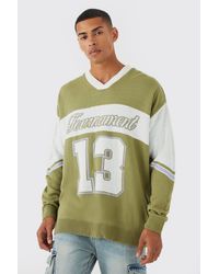 BoohooMAN - Oversized V Neck Football Knitted Sweatshirt - Lyst
