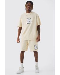 BoohooMAN - Tall Oversized Extended Neck Applique T-shirt & Short Set - Lyst