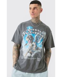 Boohoo - Tall Oversized Angel Print Acid Wash T-shirt In Grey - Lyst
