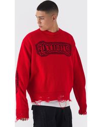 BoohooMAN - Oversized Crew Neck Homme Distressed Cross Knitted Sweater - Lyst