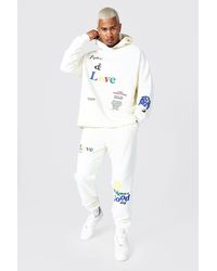 BoohooMAN Oversized Peace And Love Hoodie Tracksuit - White