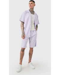 BoohooMAN - Tall Oversized Linen Drop Revere Shirt & Short Set In Lilac - Lyst