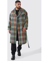 BoohooMAN - Plus Wool Look Check Double Breasted Overcoat In Green - Lyst