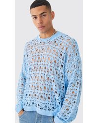 BoohooMAN - Oversized Boxy Drop Shoulder Open Knit Sweater In Blue - Lyst