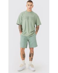 BoohooMAN - Oversized Extended Neck Limited Embossed T-shirt And Relaxed Short Set - Lyst