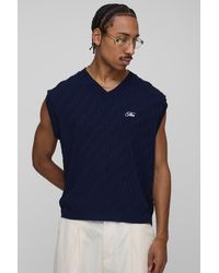 BoohooMAN - Embroidered Boxy Fit Crosshatch Knitted Tank - Lyst