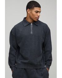 BoohooMAN - Relaxed Fit Washed Quarter Zip Collared Sweatshirt - Lyst