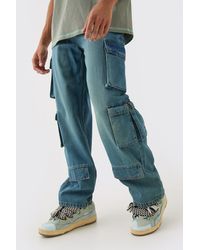 BoohooMAN - Baggy Rigid Multi Cargo Pocket Jeans In Blue - Lyst