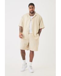 BoohooMAN - Plus Drop Revere Linen Shirt & Short Set In Natural - Lyst