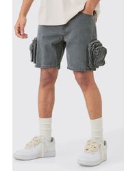 Boohoo - Slim Fit 3d Cargo Pocket Denim Shorts In Light Grey - Lyst