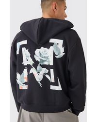 BoohooMAN - Oversized Boxy Zip Through Rose Embroidered Hoodie - Lyst