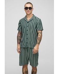 BoohooMAN - Regular Fit Textured Stripe Revere Collar Jersey Shirt And Shorts Set - Lyst