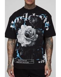 BoohooMAN - Tall Oversized Worldwide Floral Over The Seam Print T-Shirt - Lyst