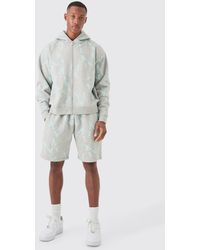 Boohoo - Oversized Boxy All Over Print Zip Hoodie Short Tracksuit - Lyst
