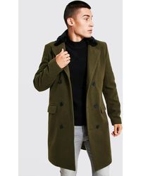 BoohooMAN Recycled Double Breasted Faux Fur Overcoat - Green