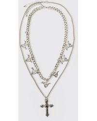 BoohooMAN - Layered Cross Necklace With Charms - Lyst