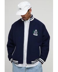 BoohooMAN - Oversized Fit Melton Funnel Neck Embroidered Crest Bomber Jacket - Lyst