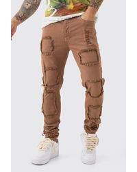 BoohooMAN - Skinny Stretch Distressed Rip & Repair Jeans In Stone Wash - Lyst