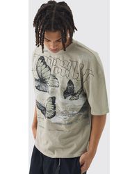 BoohooMAN - Oversized Boxy Butterfly Print Washed Raw Edge T-shirt - Lyst