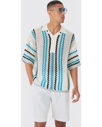 BoohooMAN - Oversized Open Stitch Deep Revere Stripe Knit Polo - Lyst