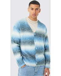 BoohooMAN - Boxy Fit Knitted Brushed Stripe Cardigan In Blue - Lyst