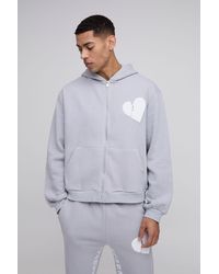 BoohooMAN - Oversized Boxy Hearts Puff Print Zip Through Hoodie - Lyst