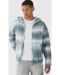 BoohooMAN - Oversized Boxy Ofcl Brushed Ombre Stripe Knitted Zip Through Embroidered Hoodie - Lyst