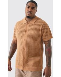 BoohooMAN - Plus Open Stitch Short Sleeve Knitted Shirt In Taupe - Lyst