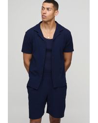 Boohoo - Regular Fit Textured Revere Collar Jersey Slub Shirt And Shorts Set - Lyst