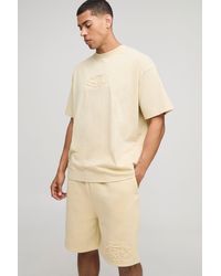 BoohooMAN - Oversized Peached Bm Star Embossed T-Shirt & Drop Crotch Shorts Set - Lyst