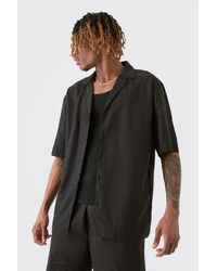 BoohooMAN - Tall Linen Drop Revere Shirt In Black - Lyst