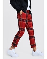 BoohooMAN Skinny Tartan Cropped Trousers With Turn Up - Red