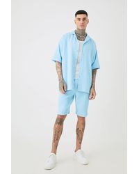 BoohooMAN - Tall Oversized Short Sleeve Pleated Shirt & Short In Blue - Lyst