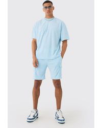 BoohooMAN - Oversized Extended Neck Towelling T-shirt & Cargo Shorts - Lyst