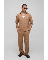 BoohooMAN - Boxy V Neck Relaxed Texture Knitted Pants And Polo Set - Lyst