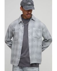Boohoo - Oversized Distressed Eyelet Detail Flannel Check Shirt - Lyst