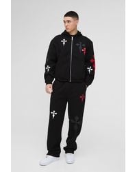 BoohooMAN - Oversized Boxy Cross Embroidered Printed Zip Through Hooded Tracksuit - Lyst