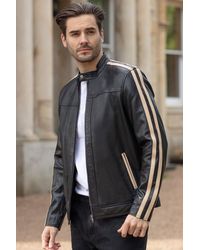 BoohooMAN - Ashwood Leather 'milano Vero' Real Leather Biker Jacket With Cream Contrast Stripes - Lyst
