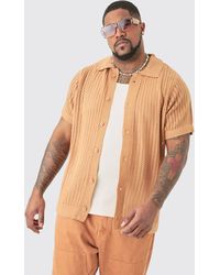 BoohooMAN - Plus Open Stitch Short Sleeve Knitted Shirt In Taupe - Lyst