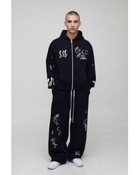 BoohooMAN - Oversized Boxy Graffiti Zip Through Hoodie And Wide Leg Jogger Tracksuit - Lyst