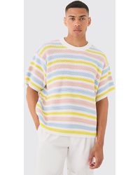 BoohooMAN - Oversized Stripe Knitted T-shirt In White - Lyst