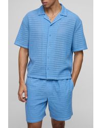 BoohooMAN - Oversized Open Texture Boxy Revere Shirt & Short Set - Lyst