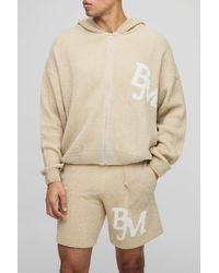 BoohooMAN - Boxy Fit Boucle Bm Knitted Zip Through Hoodie And Shorts Set - Lyst